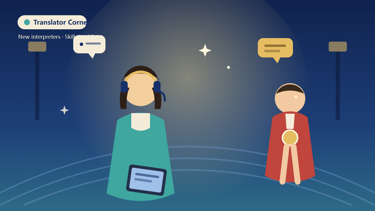 Young female interpreter wearing a headset beside an award-winning athlete